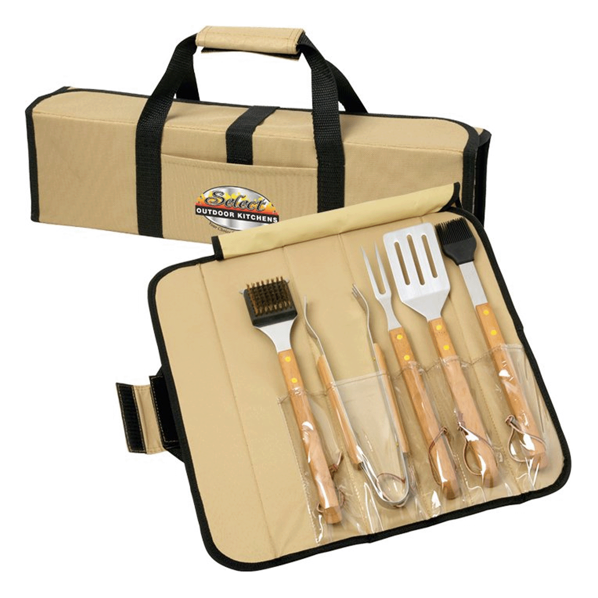 5 PIECE BBQ SET (BAMBOO) IN ROLL UP CASE