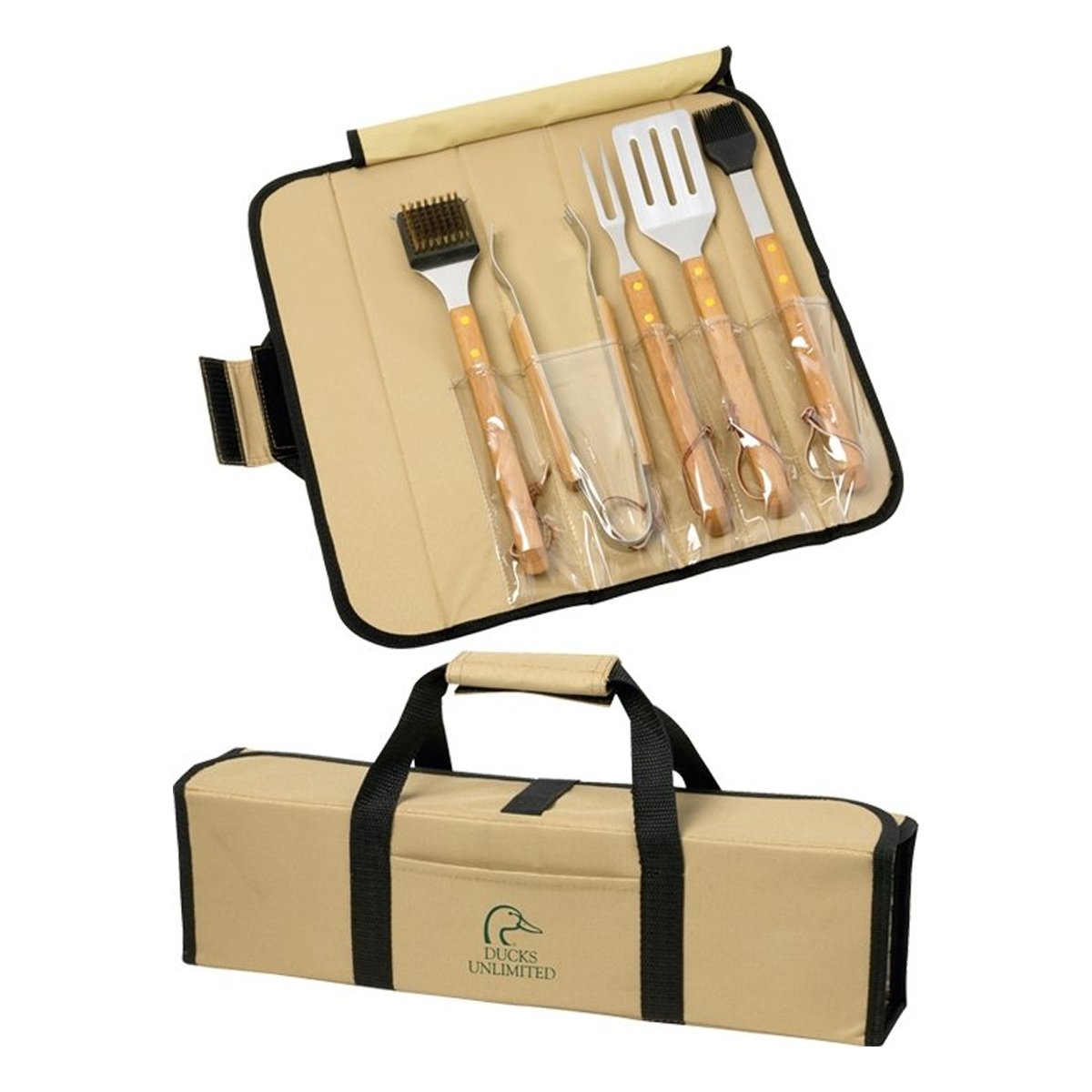 5 PIECE BBQ SET (BAMBOO) IN ROLL UP CASE