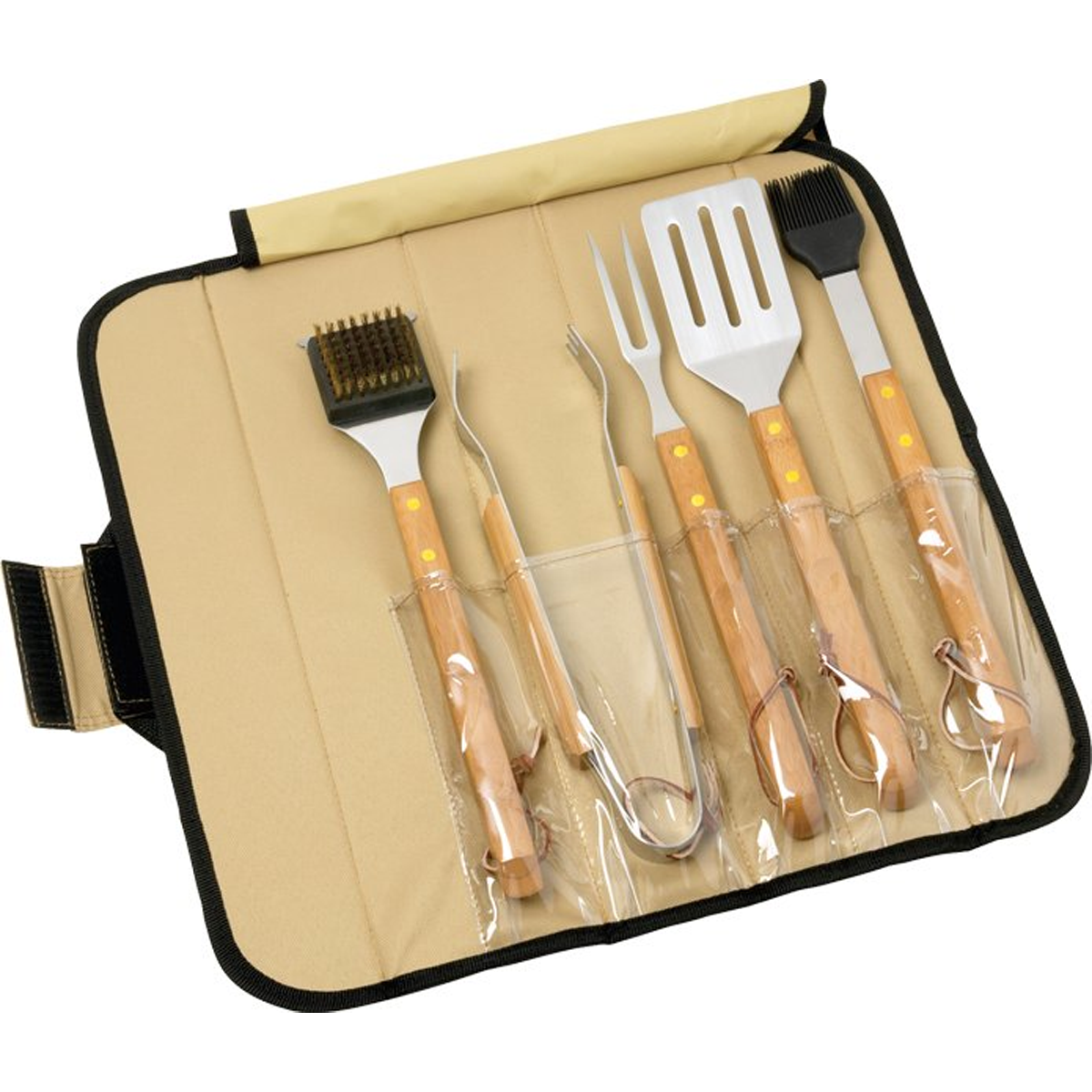 5 PIECE BBQ SET (BAMBOO) IN ROLL UP CASE